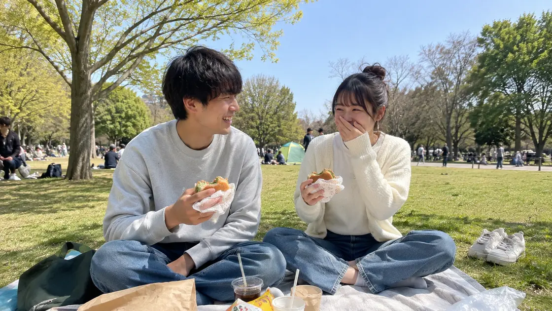 公園で休日を過ごす同棲中のふたり