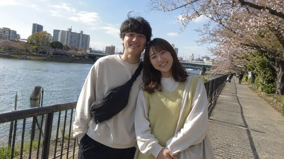 川沿いで過ごす同棲を始めるふたり
